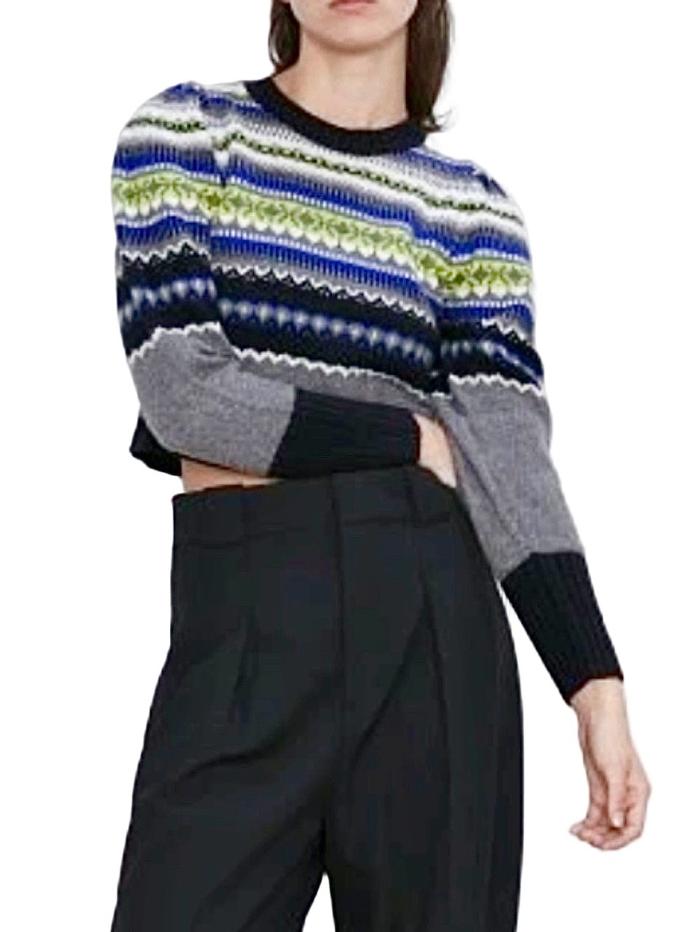 Zara wool blend cropped blue black yellow fair isle puff sleeve sweater M